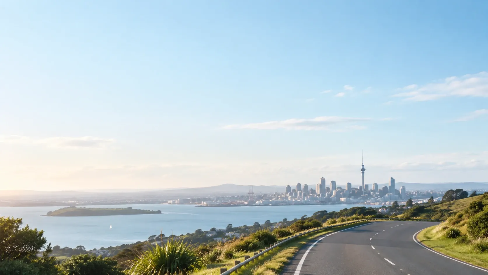 Auckland's skyline, harbour and Sky Tower seen from a winding hill road