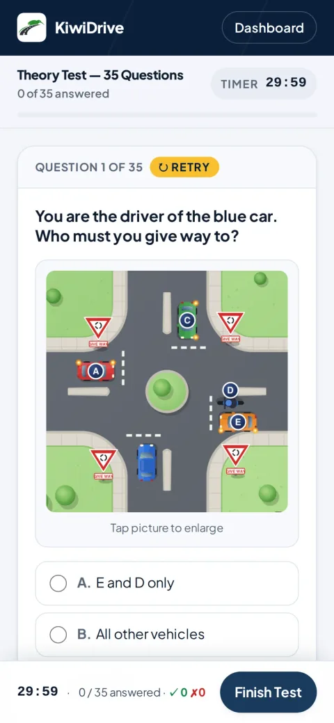 A KiwiDrive practice test on a phone: a give-way question at an intersection with a 29:59 timer.